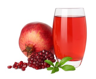 Photo of Refreshing pomegranate juice in glass, leaves, seeds and fruit isolated on white