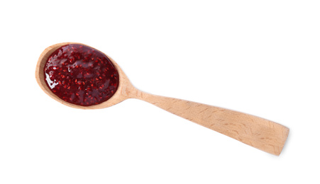 Delicious raspberry jam in wooden spoon isolated on white, top view