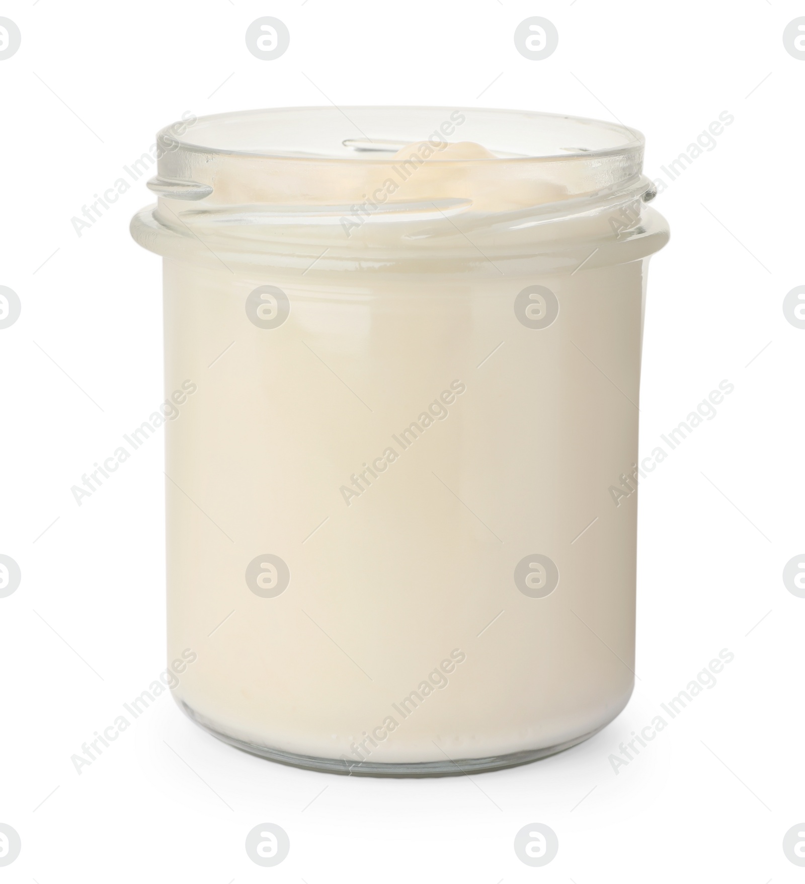 Photo of Glass jar of delicious mayonnaise isolated on white