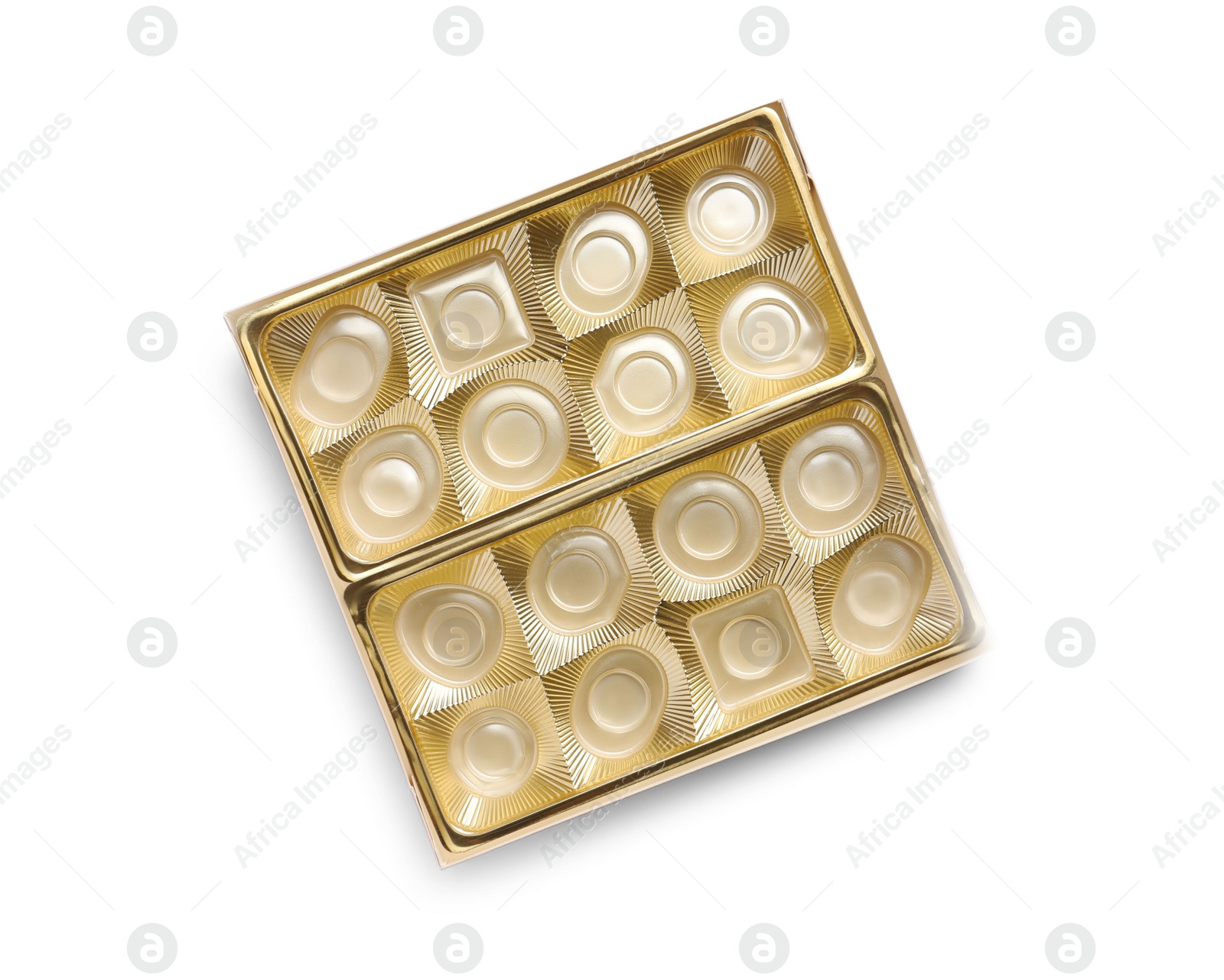 Photo of Empty box of chocolate candies isolated on white, top view