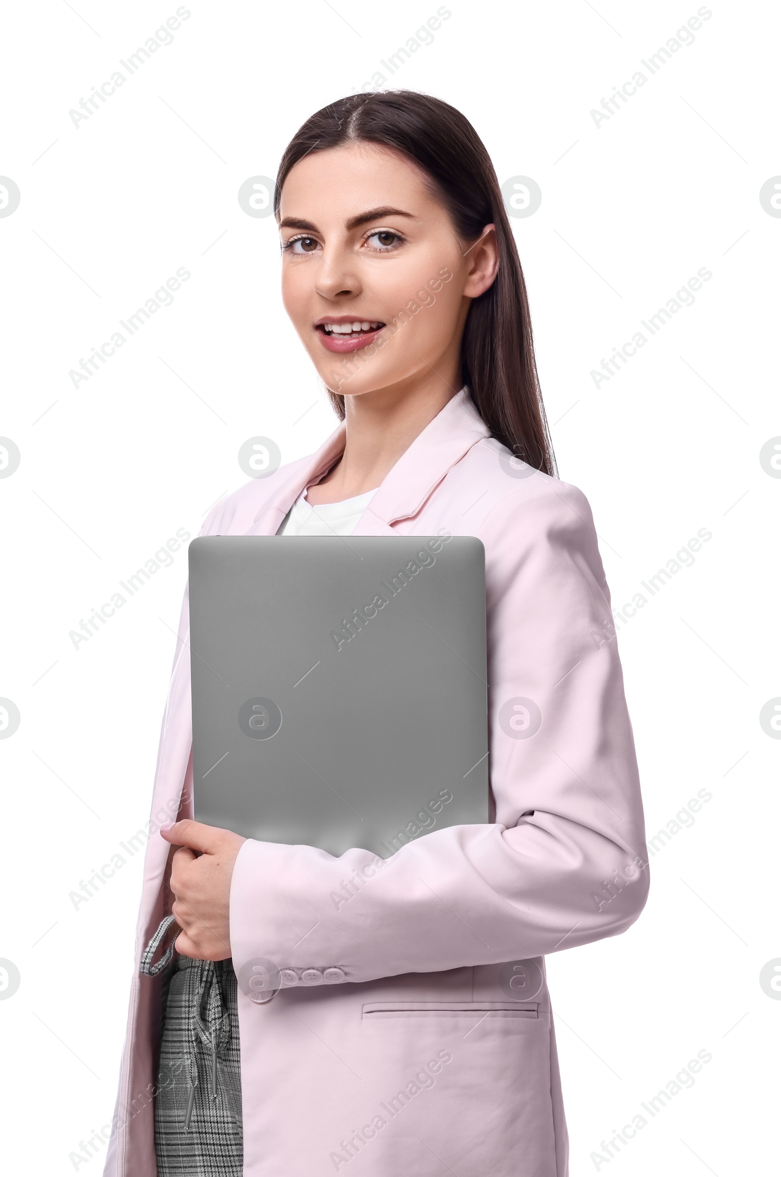 Photo of Beautiful businesswoman with laptop on white background