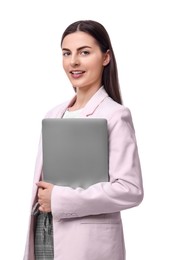 Beautiful businesswoman with laptop on white background