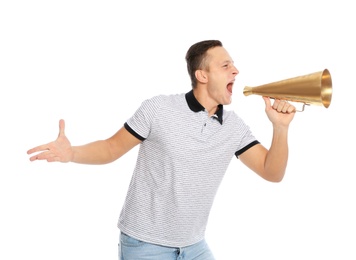 Photo of Emotional young man with megaphone on white background