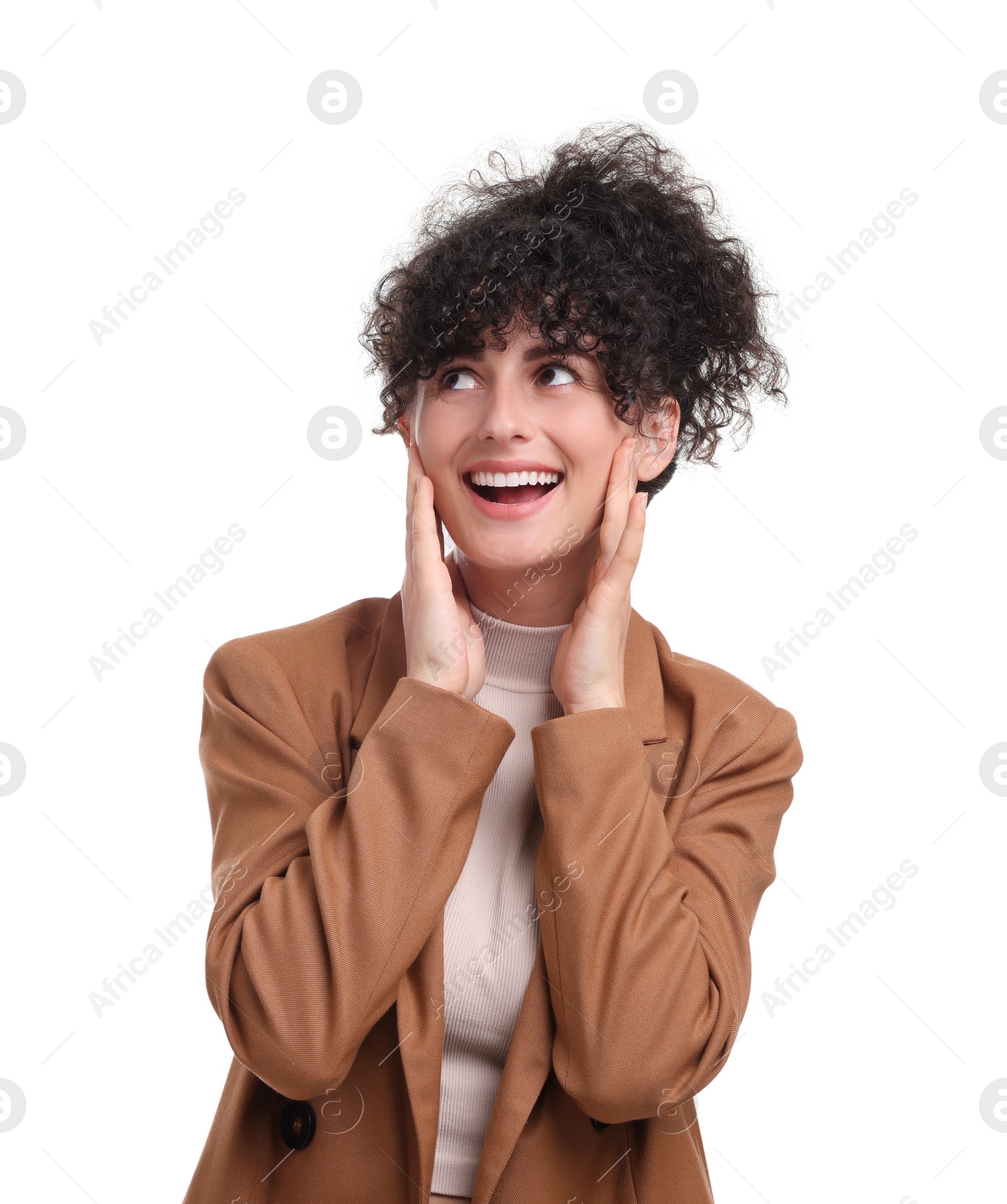 Photo of Beautiful emotional businesswoman in suit on white background