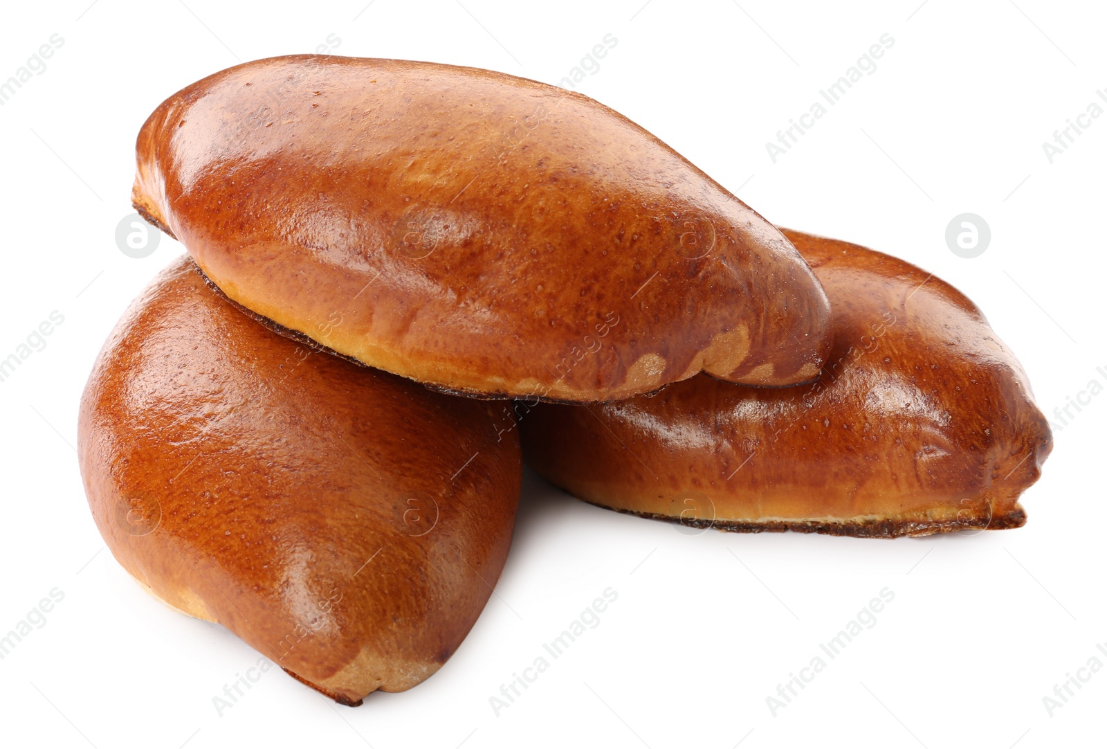 Photo of Many delicious baked patties on white background