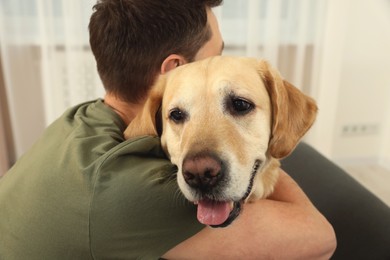 Photo of Man hugging his cute Labrador Retriever at home, back view