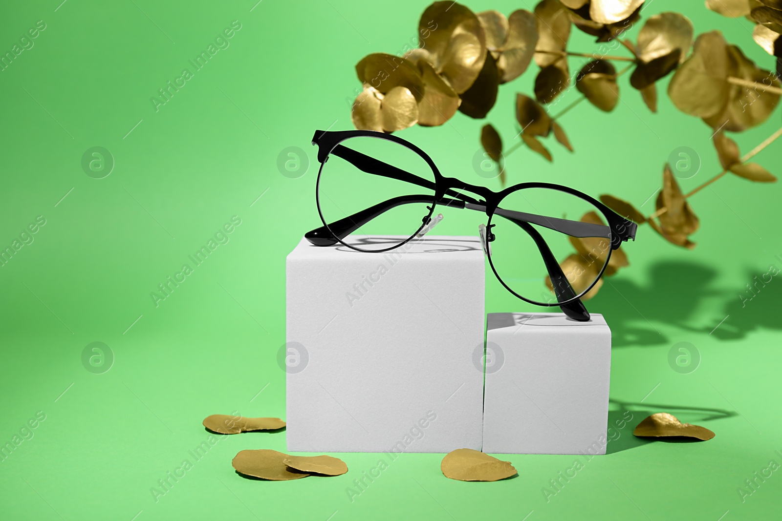 Photo of Stylish presentation of glasses on green background. Space for text