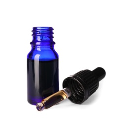 Photo of Cosmetic bottle and pipette with essential oil on white background