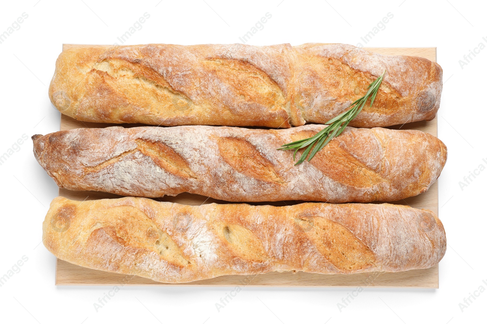 Photo of Crispy French baguettes with rosemary on white background, top view. Fresh bread