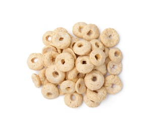 Photo of Tasty sweet cereal rings isolated on white, top view