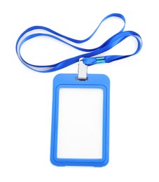 Photo of Blue badge isolated on white, top view