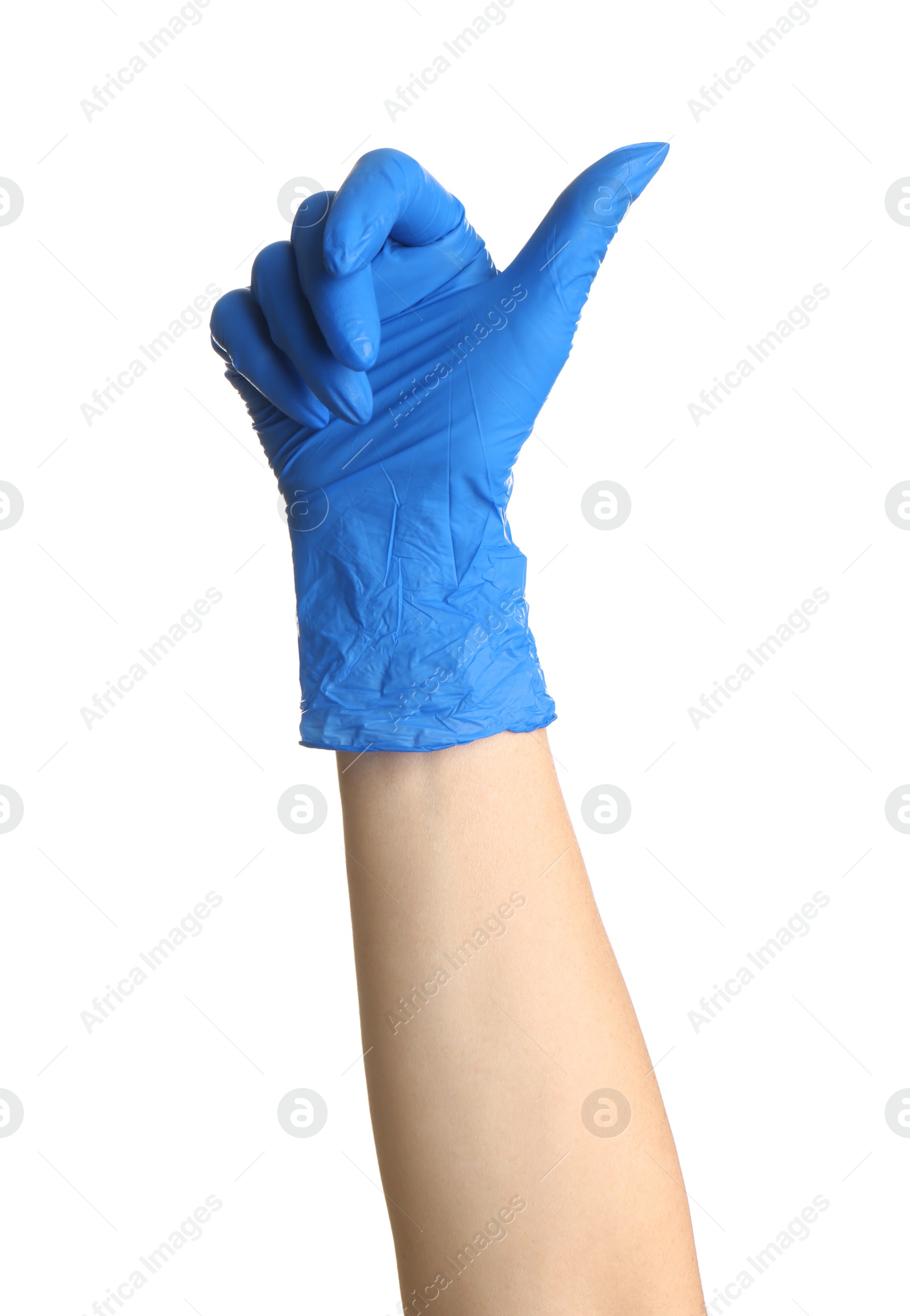 Photo of Woman in blue latex gloves on white background, closeup of hand