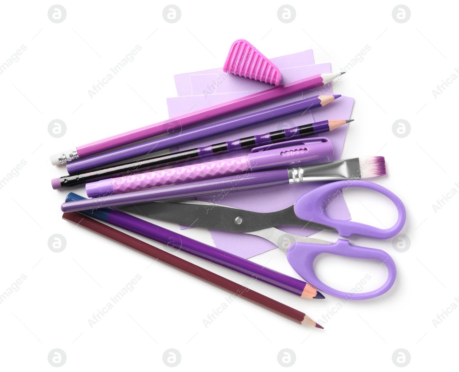 Photo of Set of different school stationery on white background, top view