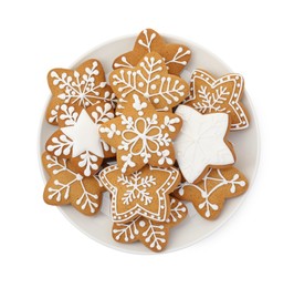 Tasty star shaped Christmas cookies with icing isolated on white, top view