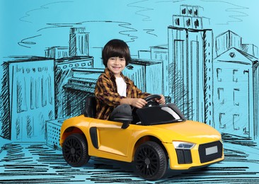 Image of Cute little boy driving toy car and drawing of city on light blue background