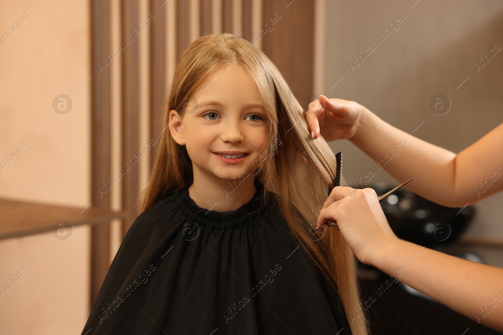 Photo of Professional hairdresser combing girl's hair in beauty salon