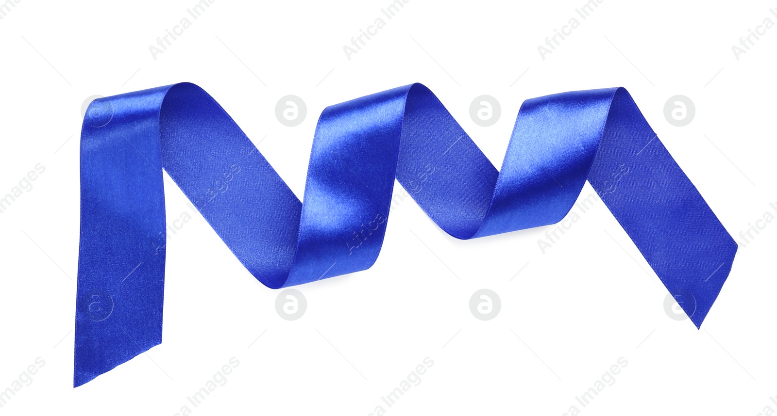 Photo of Beautiful blue ribbon isolated on white, top view