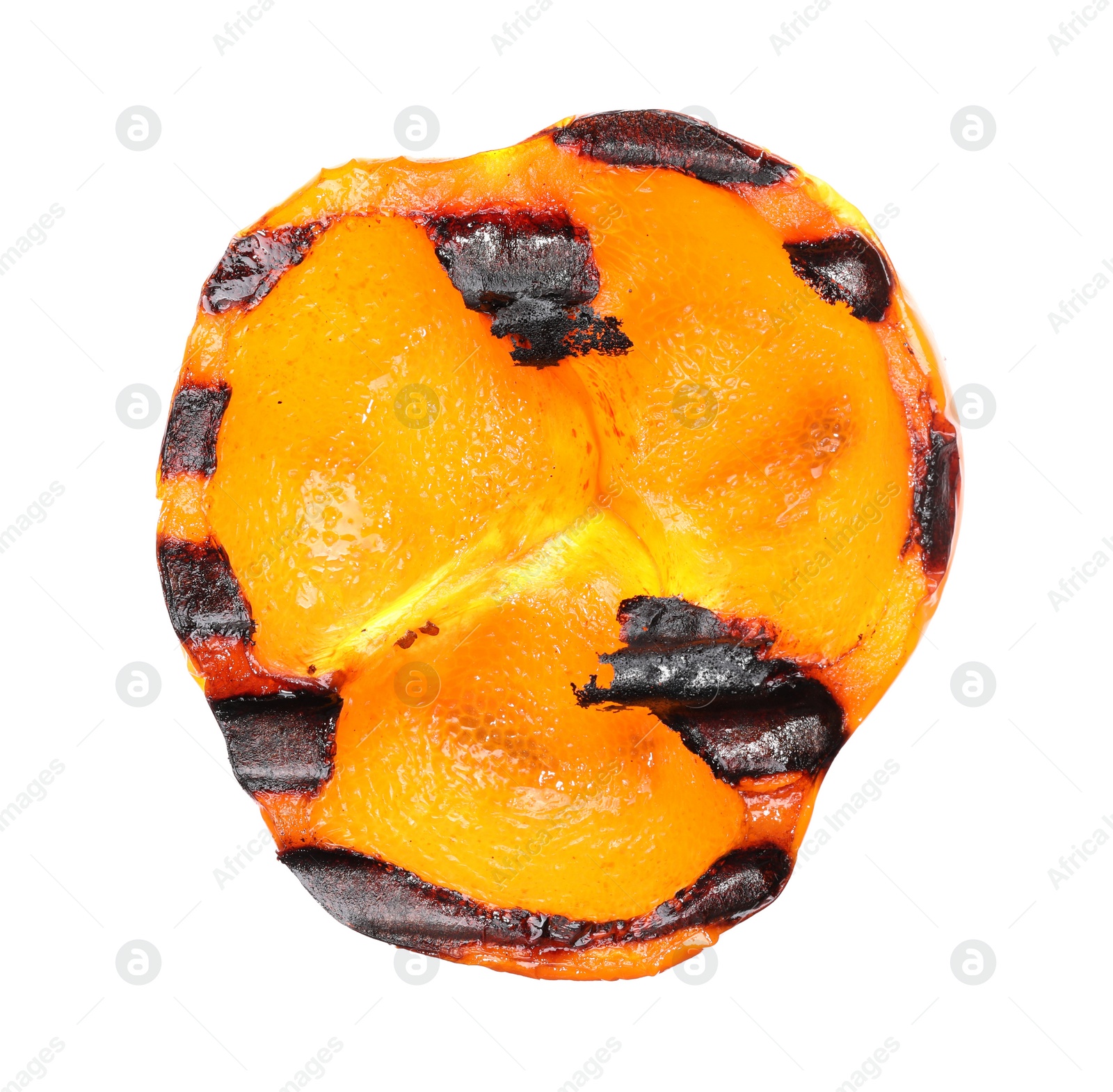 Photo of Slice of grilled orange pepper isolated on white, top view