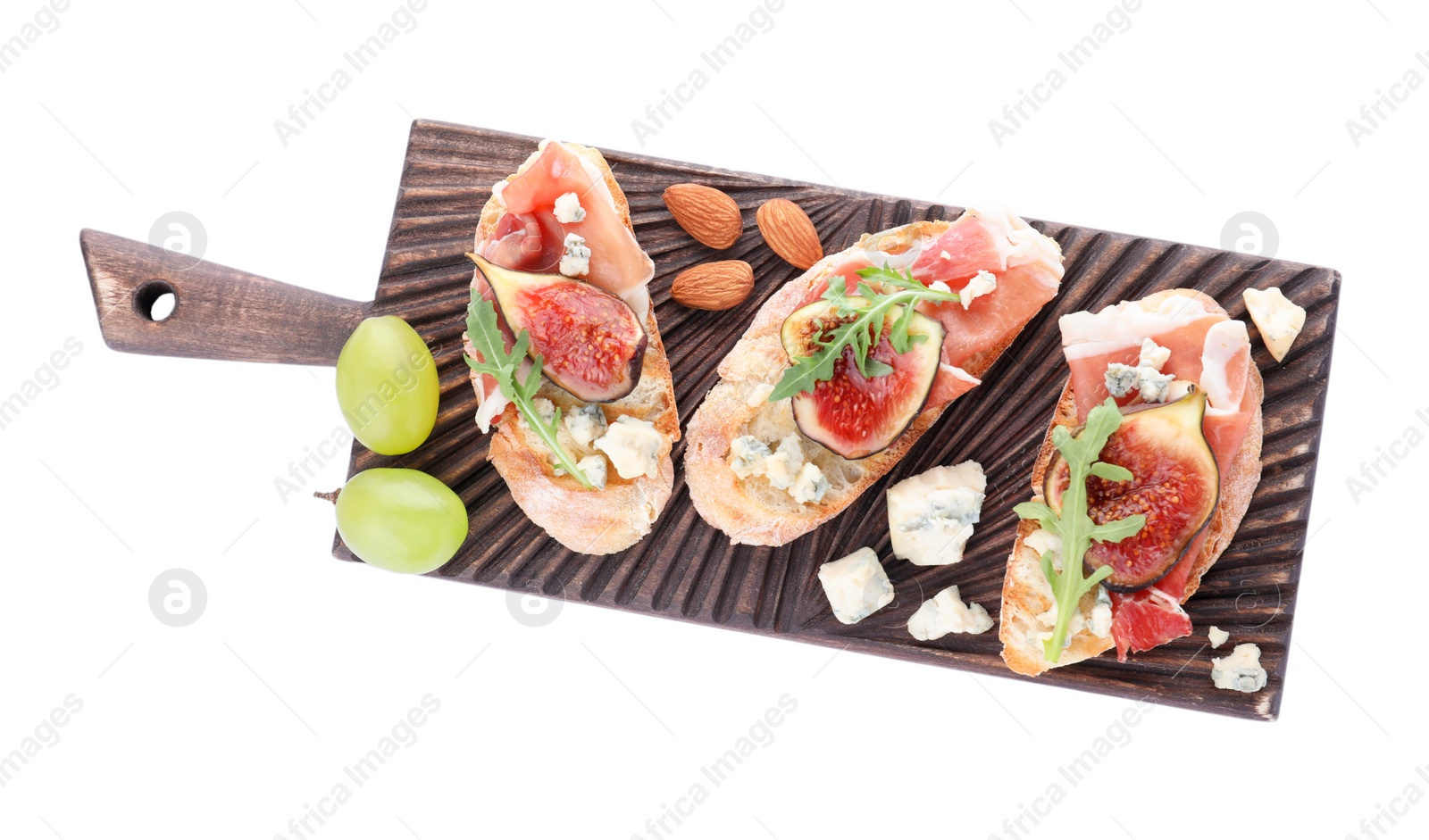 Photo of Sandwiches with ripe figs and prosciutto on white background, top view