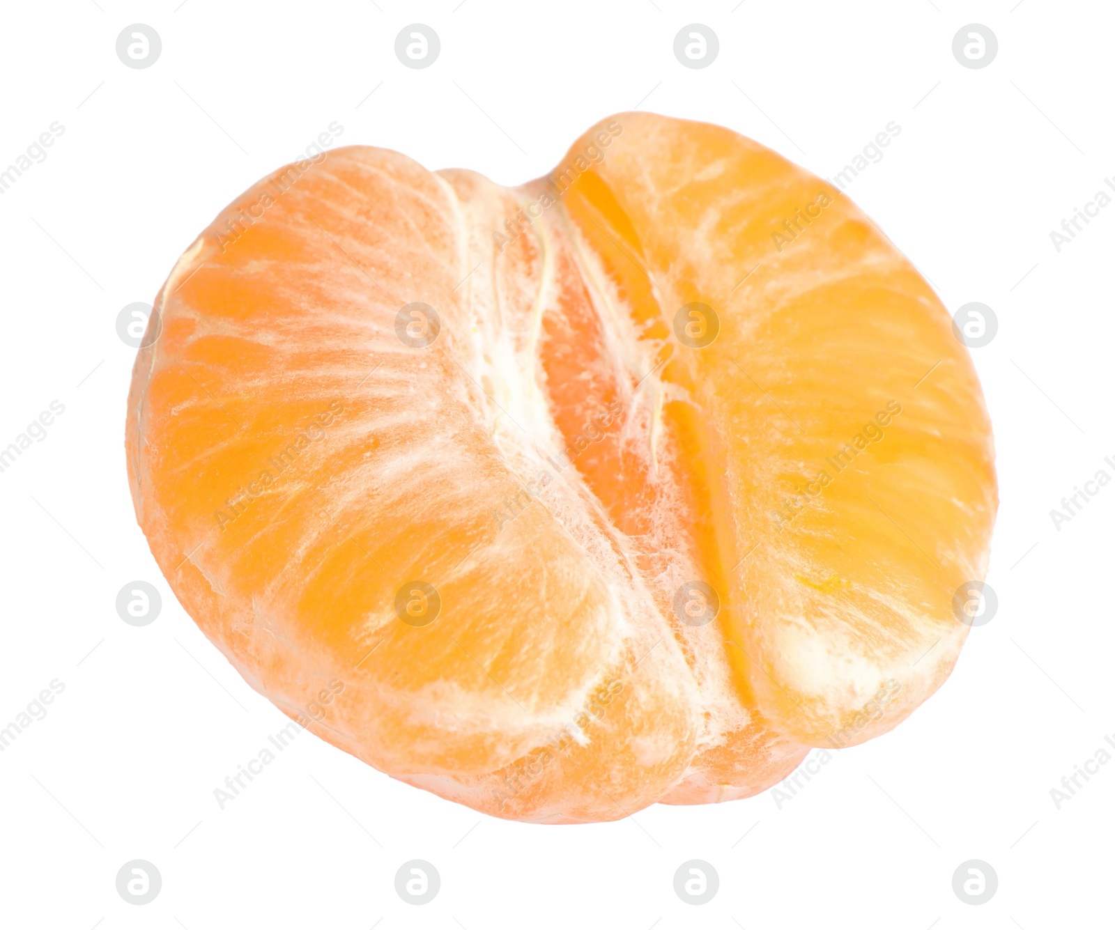 Photo of Half of peeled fresh ripe tangerine isolated on white