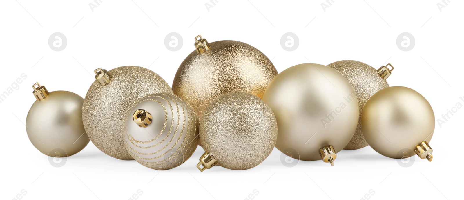 Photo of Beautiful golden Christmas balls isolated on white