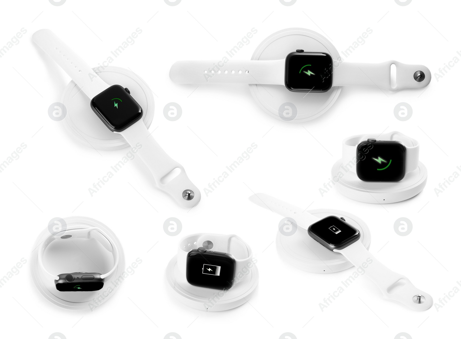 Image of Collage with wireless chargers and smartwatches on white background