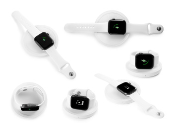Image of Collage with wireless chargers and smartwatches on white background