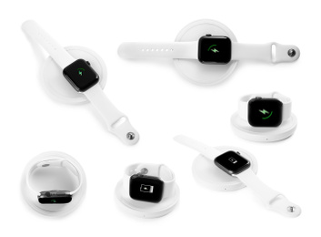 Collage with wireless chargers and smartwatches on white background