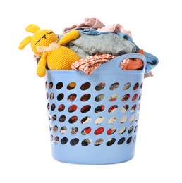Laundry basket with baby clothes and soft toy isolated on white