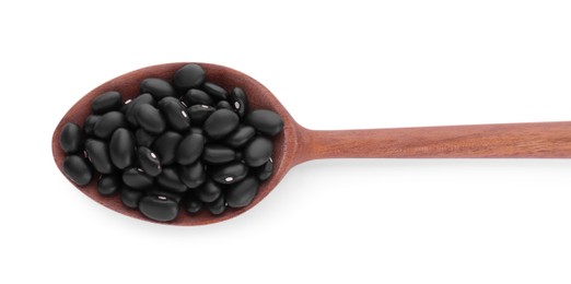 Wooden spoon with raw kidney beans isolated on white, top view