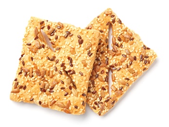 Photo of Grain cereal cookies on white background. Healthy snack
