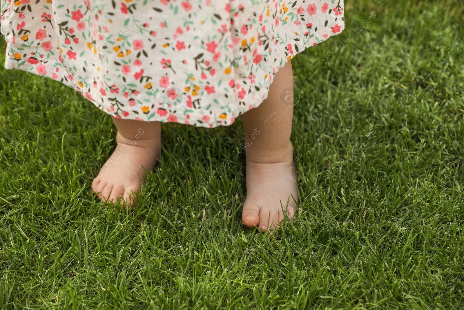 Photo of Little girl learning to walk on green grass outdoors, closeup