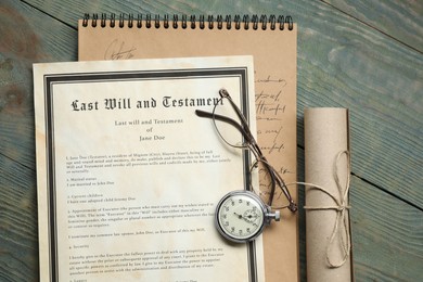 Last Will and Testament, pocket watch, glasses and notebook on rustic wooden table, flat lay