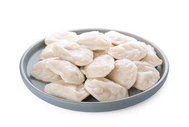 Plate with tasty dumplings (varenyky) on white background