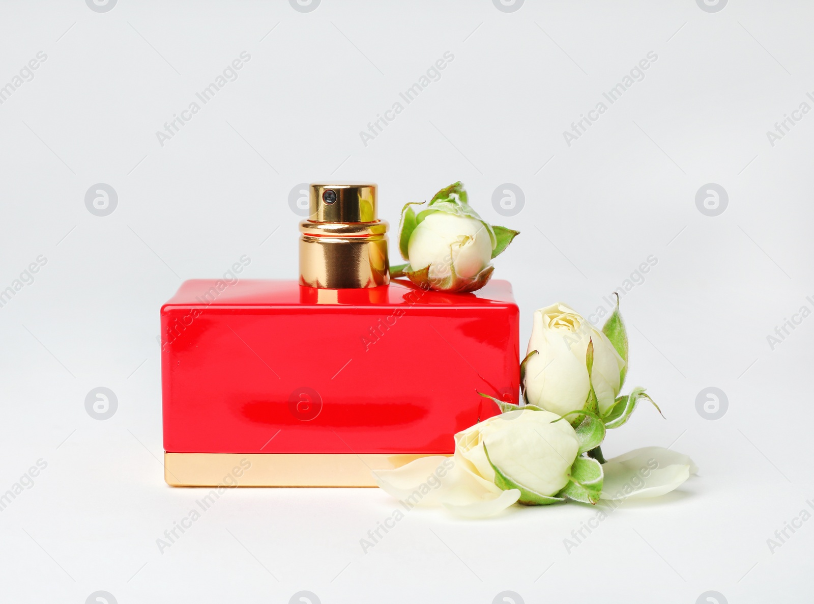 Photo of Red bottle of perfume with beautiful flowers on white background