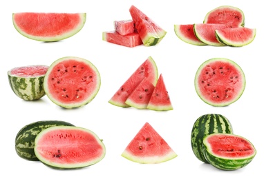 Image of Set of fresh watermelons on white background 