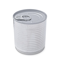 Photo of Closed tin can of food isolated on white