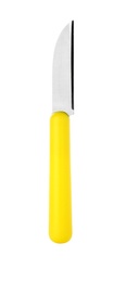 Photo of Paring knife with yellow handle isolated on white