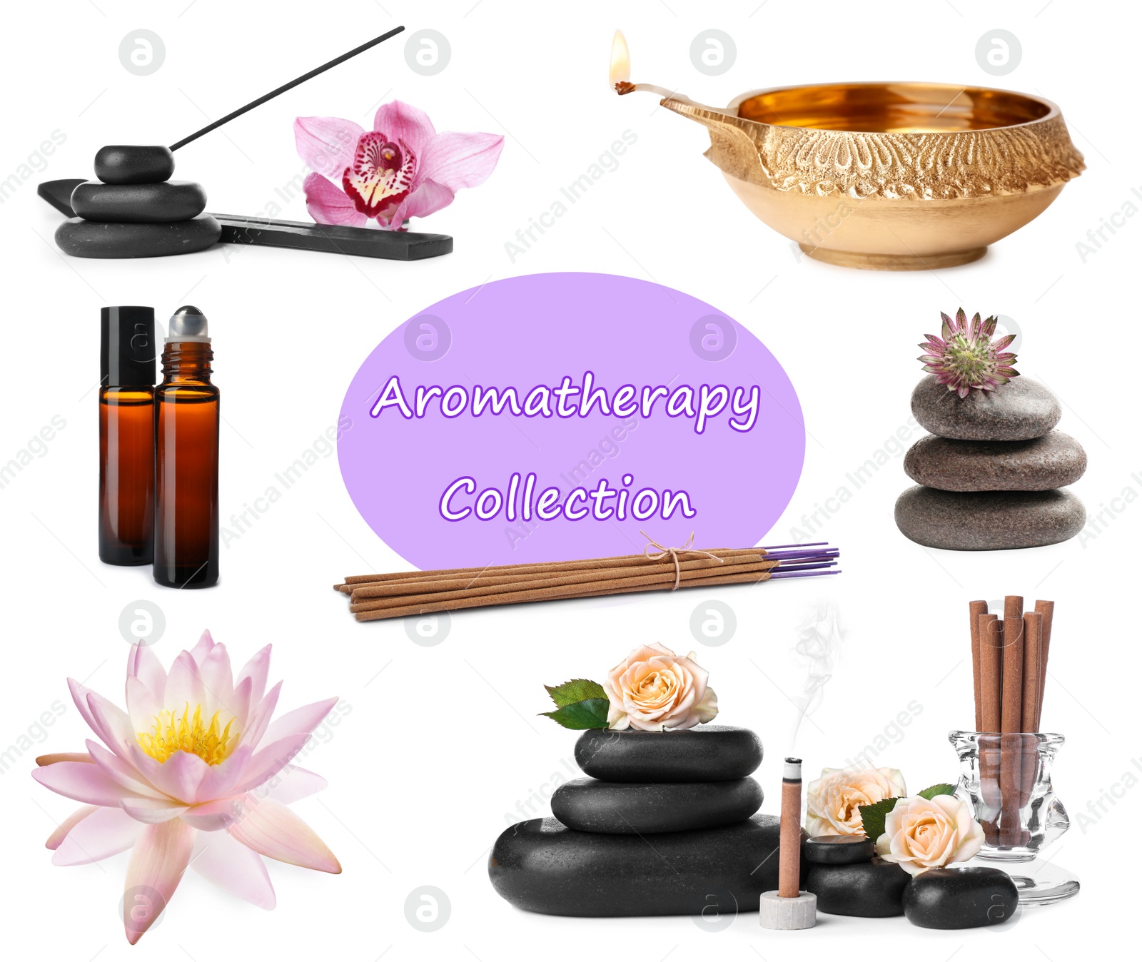 Image of Incense sticks and other items for aromatherapy on white background, collage 