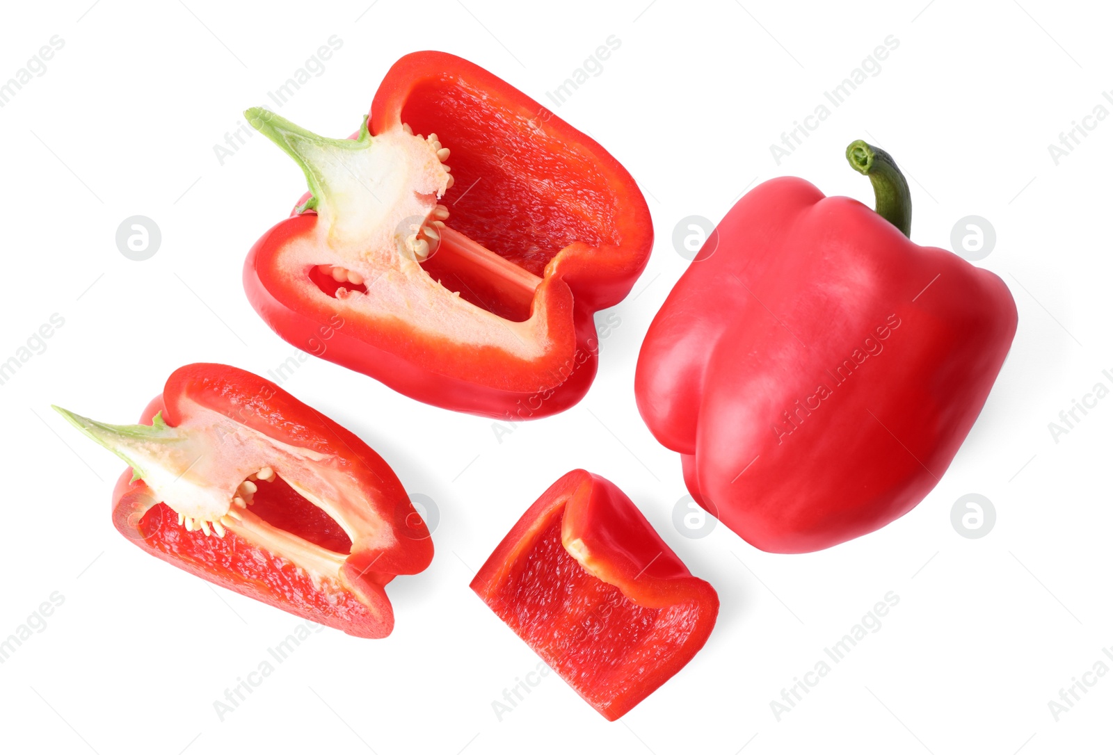 Photo of Juicy red bell peppers on white background