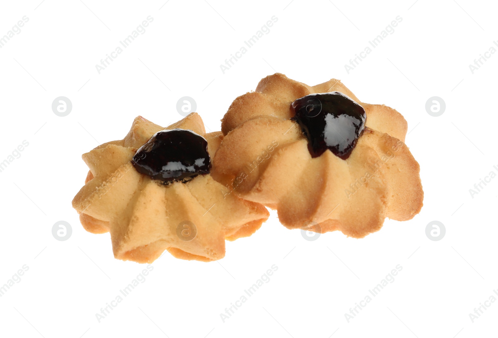 Photo of Tasty shortbread cookies with jam isolated on white