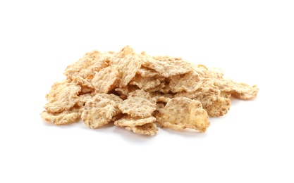 Photo of Wheat flakes on white background. Healthy grains and cereals