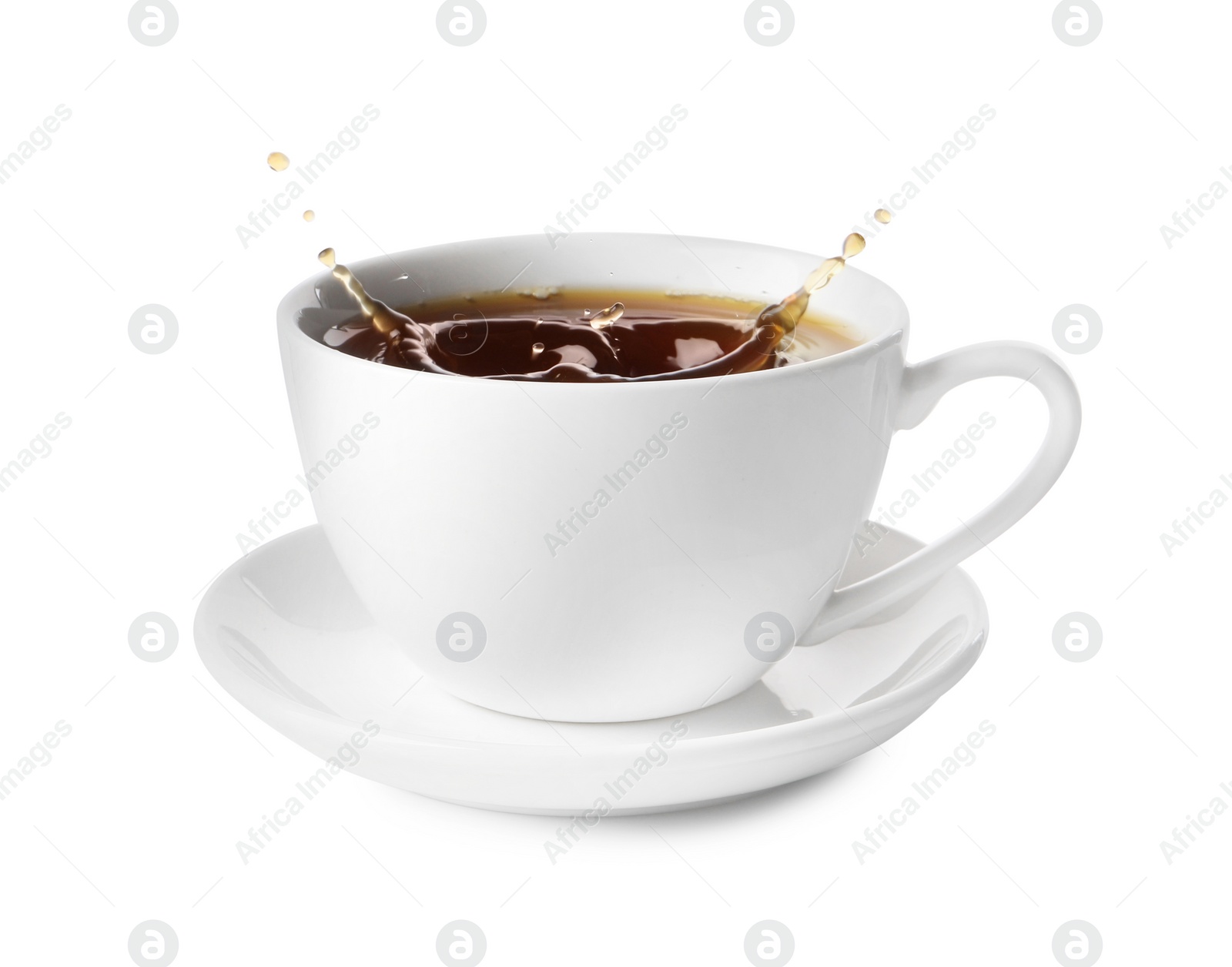 Photo of Cup with splashing coffee isolated on white