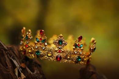 Photo of Beautiful golden crown on wood outdoors, closeup. Fantasy item