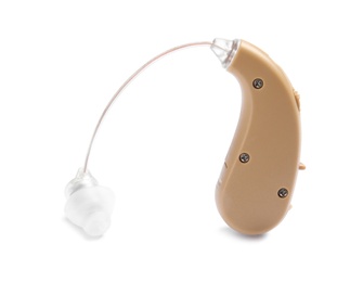 Photo of Hearing aid on white background. Medical device