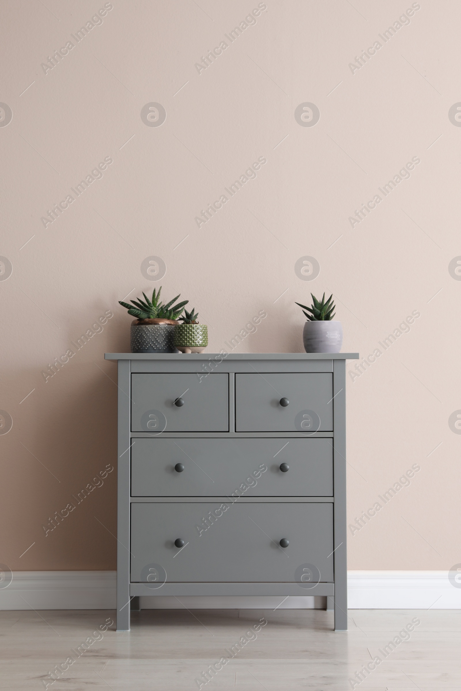 Photo of Grey chest of drawers with houseplants near beige wall