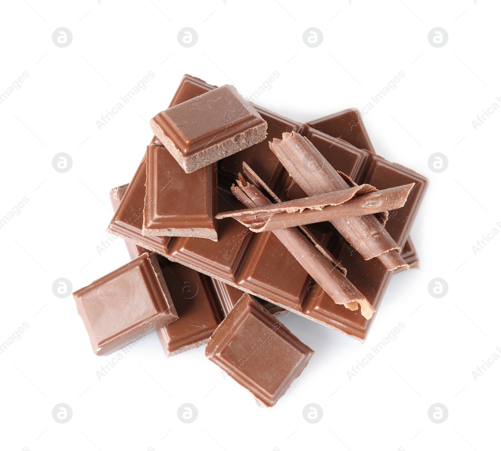 Photo of Chocolate curls and pieces isolated on white, top view