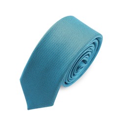 One light blue necktie isolated on white, above view