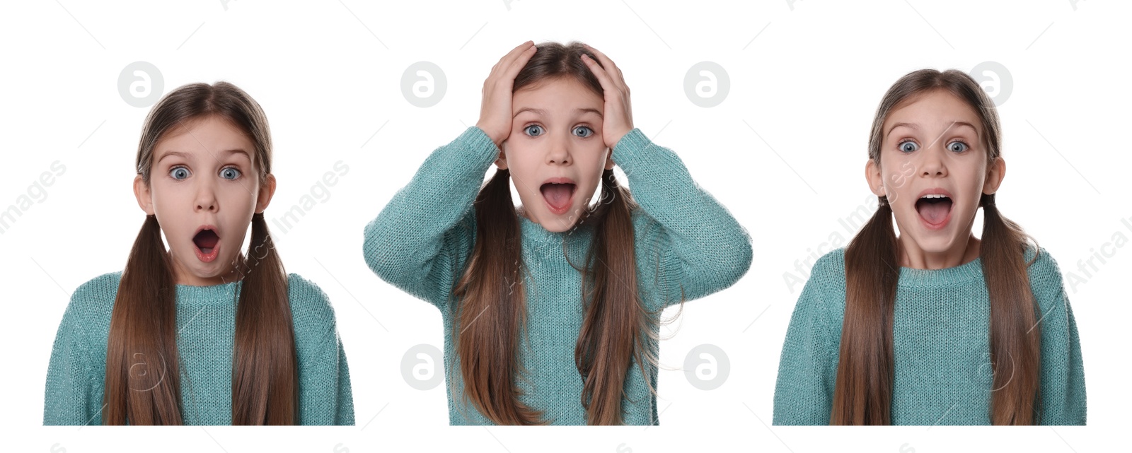 Image of Surprised girl on white background, collage of photos