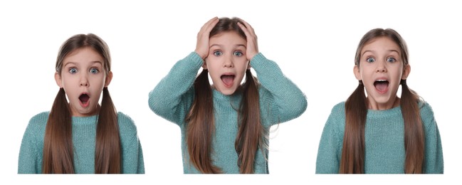 Image of Surprised girl on white background, collage of photos